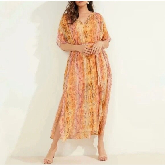 MARCIANO Kaftan Maxi Dress Size M L Orange Yellow Snake Print Boho Summer Beach - Picture 7 of 12